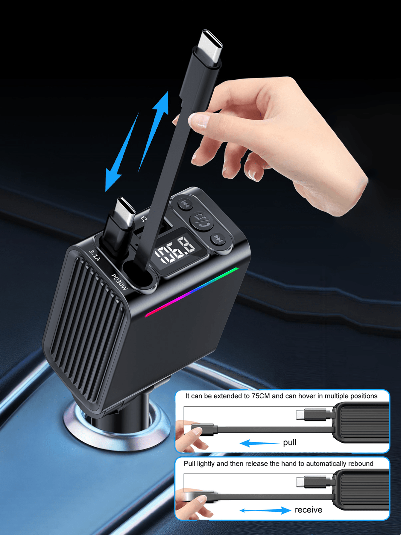 Retractable 75CM USB-C Bluetoo - Fm Transmitter のレビューと価格
